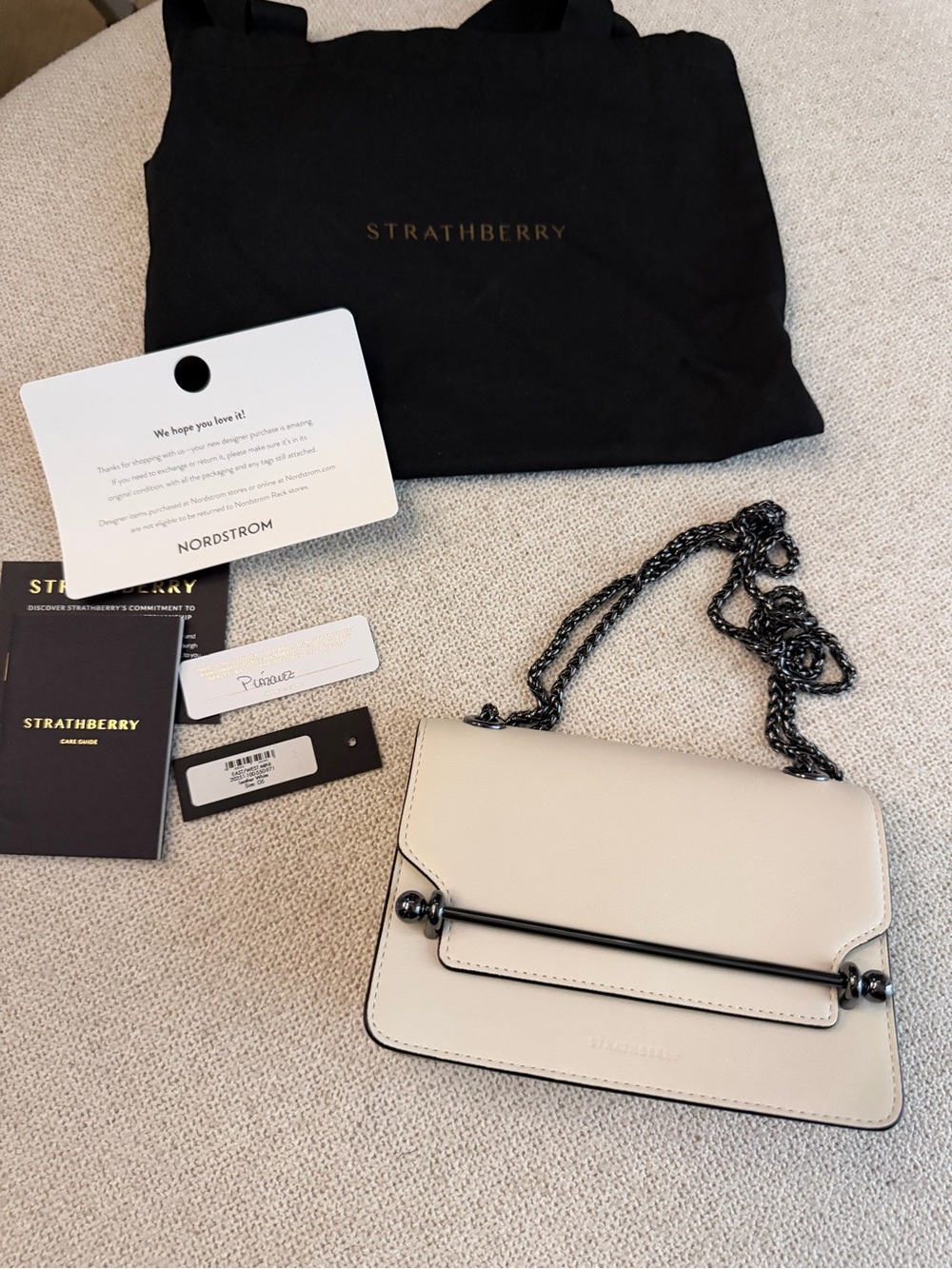Strathberry East West Mini Chain Off White Leather Shoulder Bag